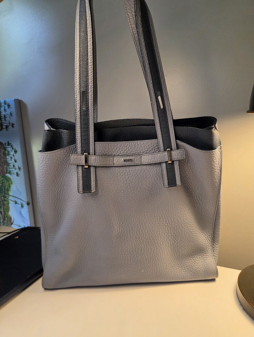 Furla Giove Gray Pebbled Textured Leather Tote Bag with Black Trim